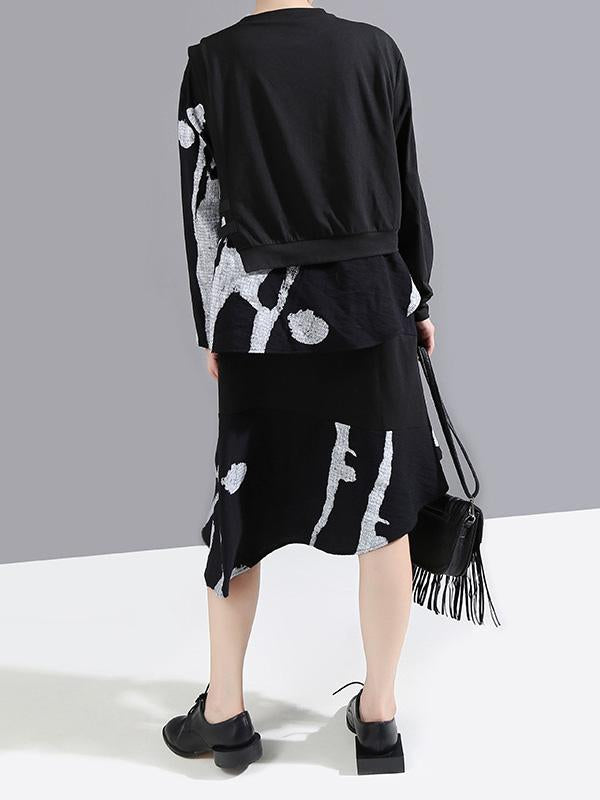 Round-Neck False Two Dress Asymmetric Long Sleeve Printed Dress With Bandage