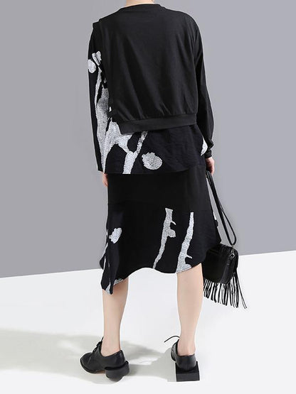 Round-Neck False Two Dress Asymmetric Long Sleeve Printed Dress With Bandage