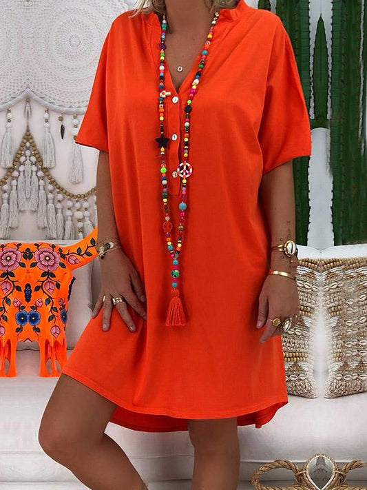 Short Sleeve V-neck Solid Color Mini Dress