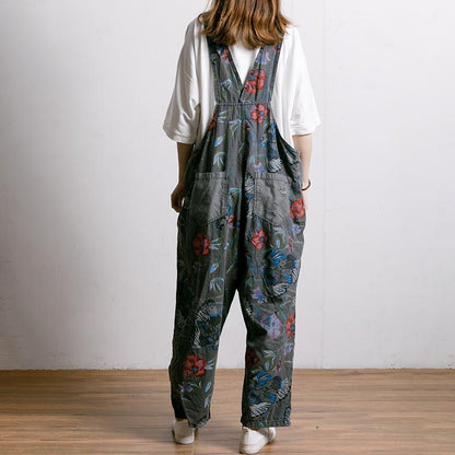 Birds And Flowers Printed Adjustable Strap Jumpsuit