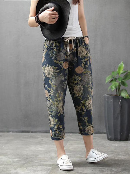 Vintage Summer Loose Printed Jean Pants Shorts