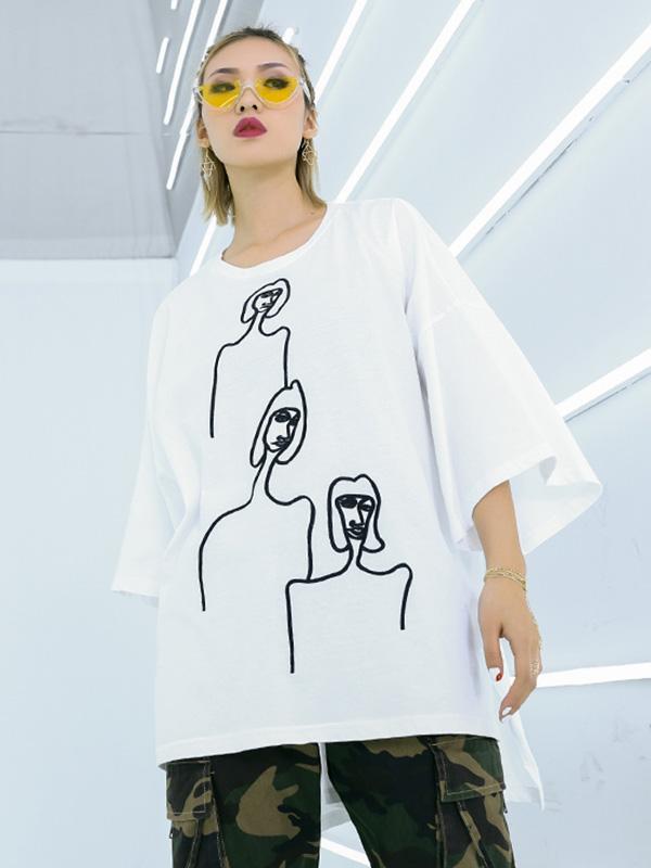 Embroidered Solid Loose Plus Size Shirt Top