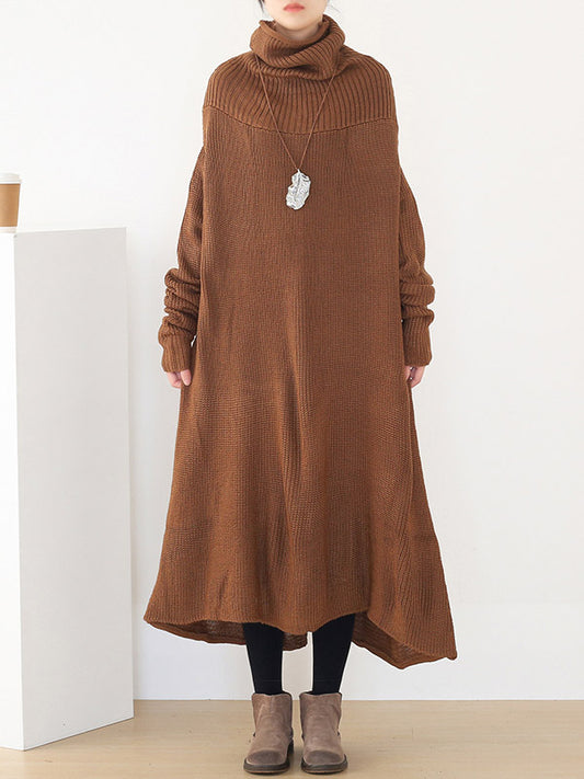 Casual Solid Color High-Neck Long Sleeves Knitted Sweater Midi Dress