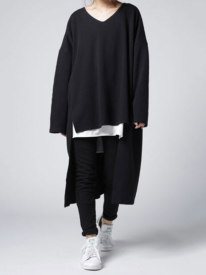 Casual Loose Solid Color Split-Side High-Low V-Neck Long Sleeves Sweatshirt