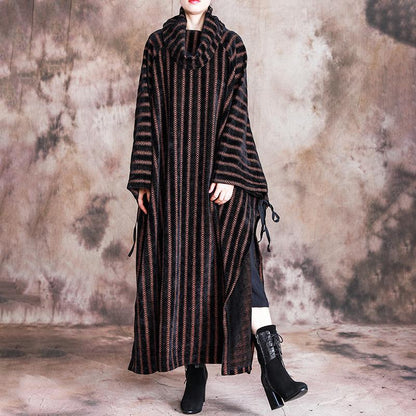 Buykud Loose Split Hem Bat Sleeve Casual Stripe Dress