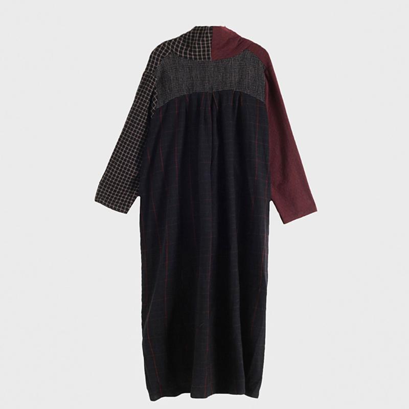 Buykud Cross Splicing Plaid Lacing Retro Casual Dress