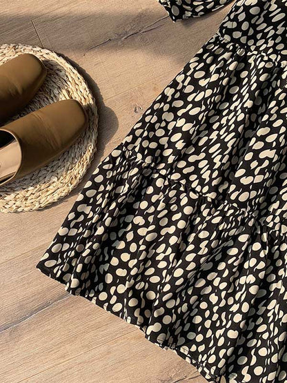 Stylish Polka-Dot Pleated Round-Neck Long Sleeves Loose Midi Dress