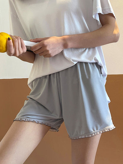 Simple Solid Color Split-Joint Lace Pajama Shorts