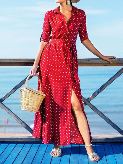 Polka-dot V-neck Long Sleeves Maxi Dress