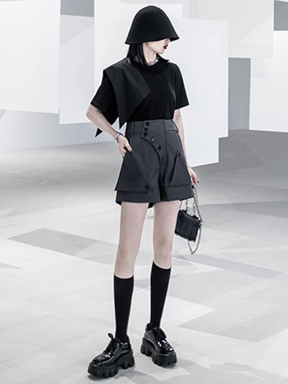 Urban Asymmetric Split-Front Solid Color Short Sleeves T-Shirt Top