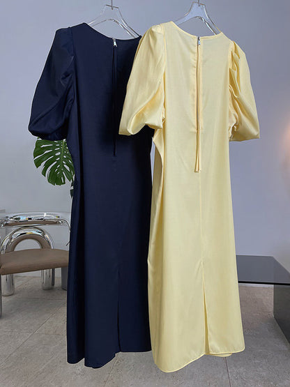 Girlish A-Line Puff Sleeves Round-Neck Midi Dress