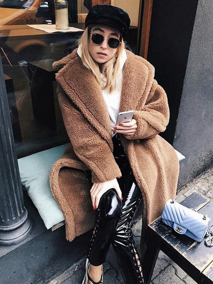 Loose Solid Lapel Fuzzy Coat