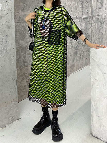 Stylish Hollow Mesh H-Line Short Sleeves Round-Neck Midi Dress