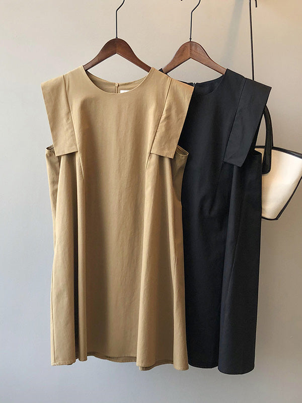 Casual Split-Joint Solid Color Round-Neck Sleeveless Mini Dress
