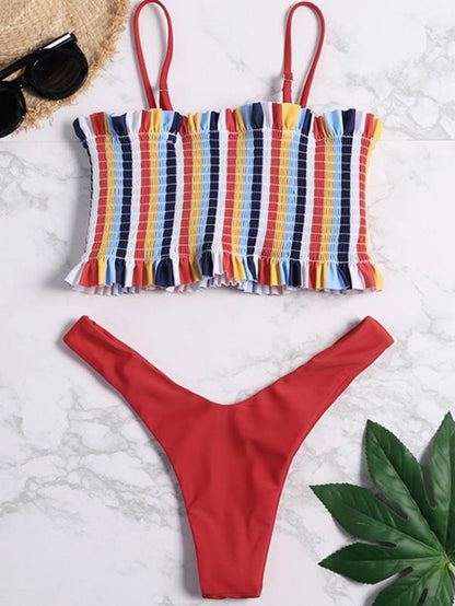 Striped Top Smocked Bikini Set
