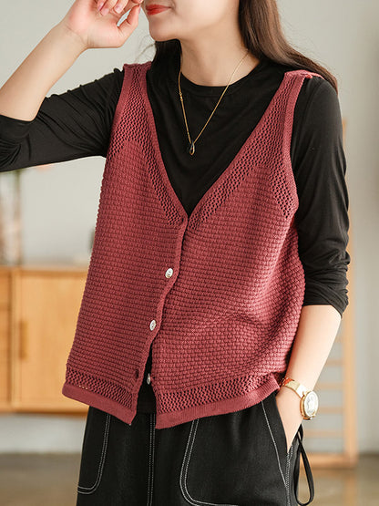 Simple Solid Color Buttoned V-Neck Hollow Vest Tops