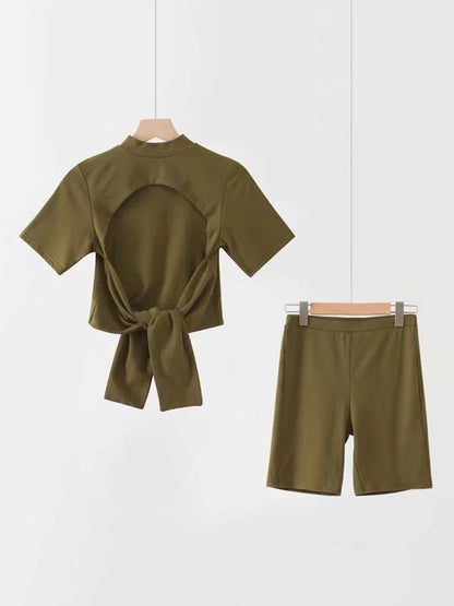 Knot Short Sleeve Backless Tees And Shorts Suits