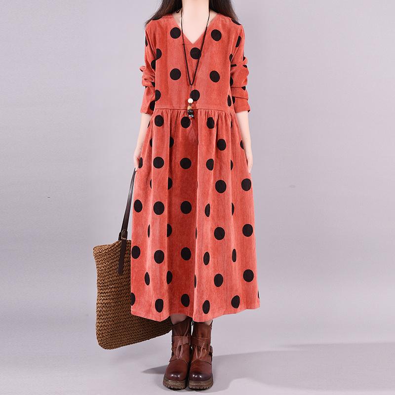 Buykud Autumn V-Neck Polka Dots Elegant Loose Dress