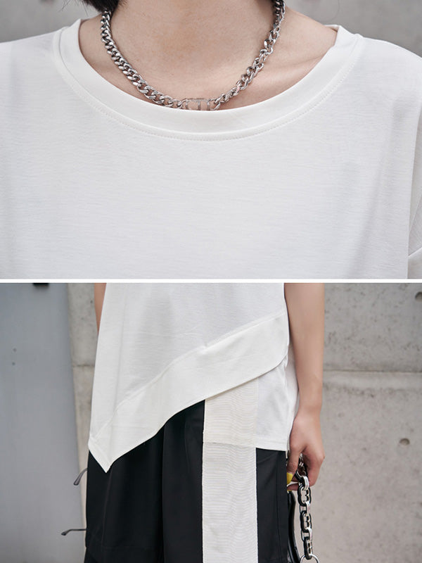 Original Black&White Asymmetric Round-Neck Short Sleeves T-Shirts