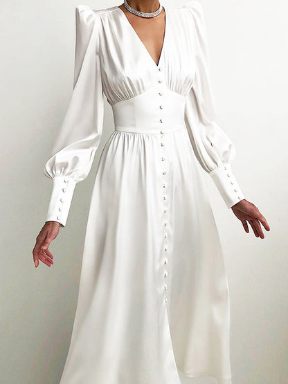 Urban Buttoned Split-Front High Waisted Puff Sleeve A-Line Midi Dress