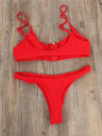 Zipper Top Plain Bikinis Swimwear