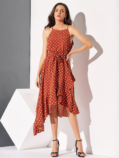 Polka-Dot  Printed  Irregular Hem  Sleeveless Midi Dress