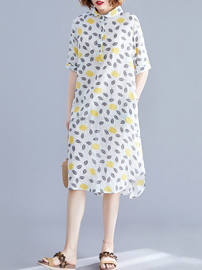 Artistic Retro Loose Contrast Color Printed Midi Shirt Dress