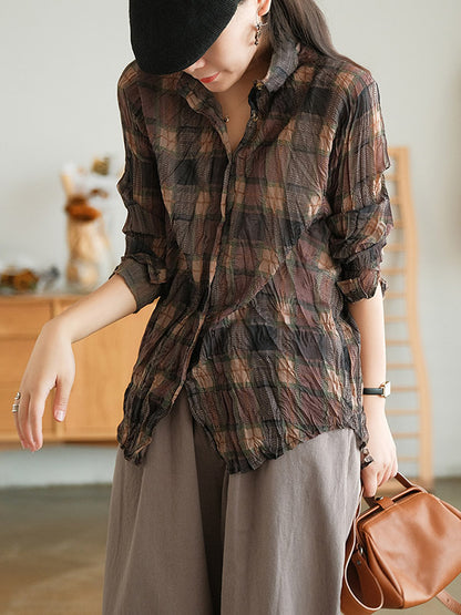 Vintage Long Sleeves Buttoned Plaid Printed Blouses Top