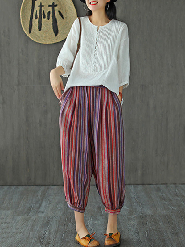Original Linen Solid Color Pleats T-Shirts Tops