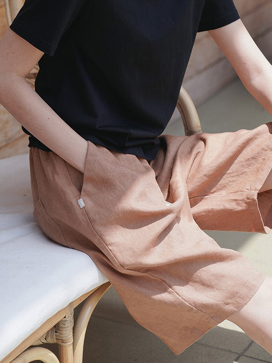Casual Linen Drawstring Elasticity Waist Loose Shorts