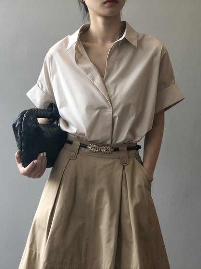 Simple Urban Solid Color Pleated Lapel Collar Short Sleeves Blouse