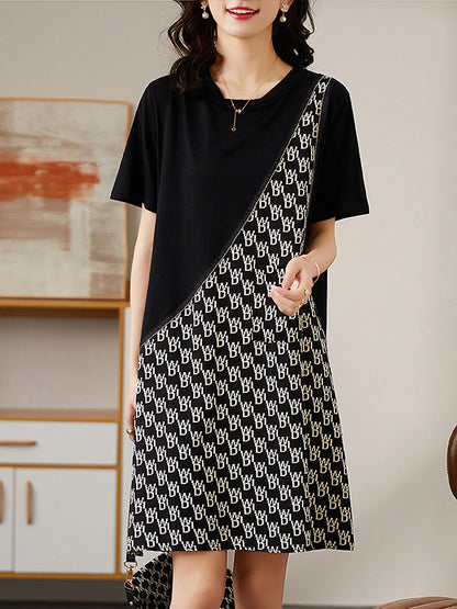 Original Loose Split-Joint Letter Printed Round-Neck Short Sleeves False Two Mini Dress