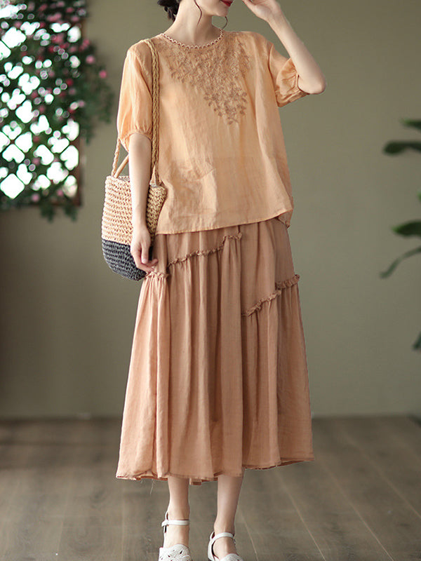 Artistic Retro Vintage Loose Ramie Cotton Embroidered T-Shirt Top