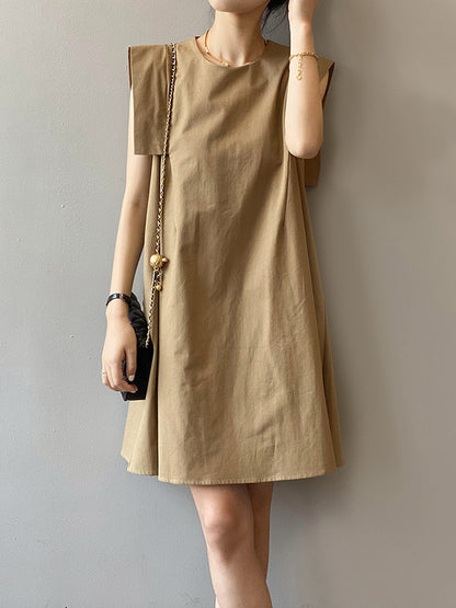 Casual Split-Joint Solid Color Round-Neck Sleeveless Mini Dress
