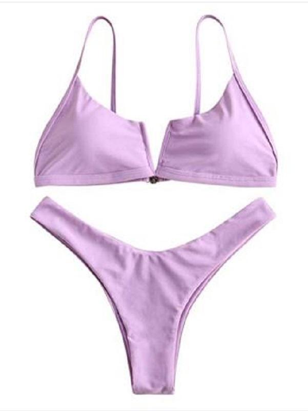 V-Neck Solid Color Bikini Swimsuit