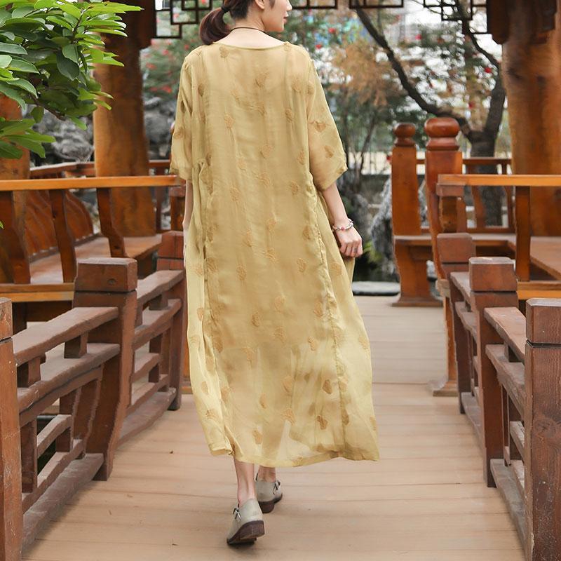 Embroidery Round Neck Half Sleeve Casual Yellow Dress