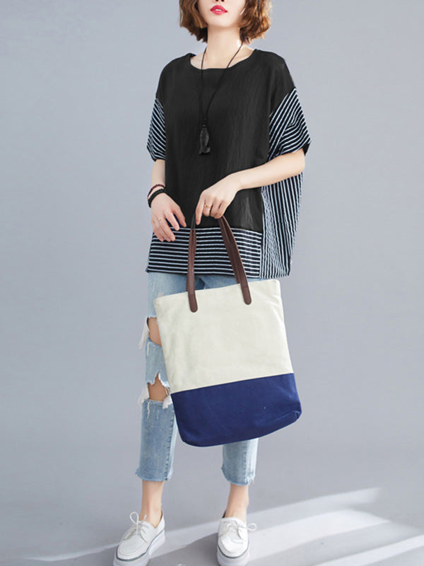 Vintage Ramie Cotton Striped Split-Joint Batwing Sleeves Round-Neck T-Shirt