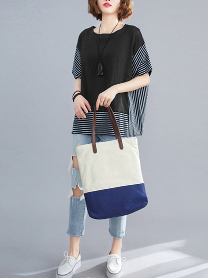 Vintage Ramie Cotton Striped Split-Joint Batwing Sleeves Round-Neck T-Shirt