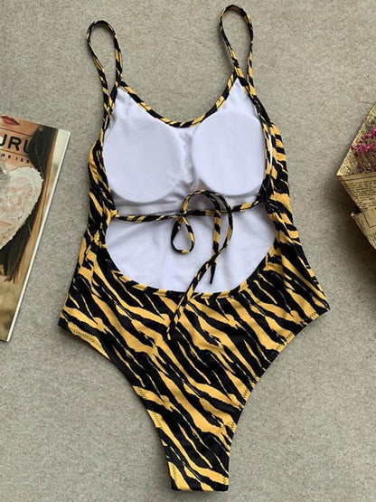 Tiger-Print Bandage One-Piece Swimwear