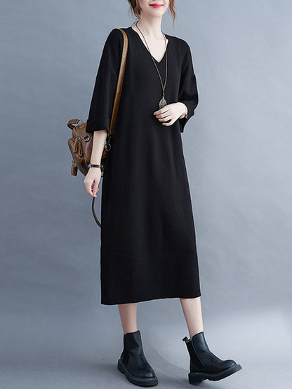 Urban Solid Color V-Neck Split-Side Knitting H-Line Sweater Dress