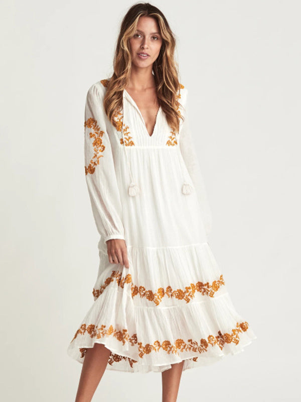 Vintage Loose Embroidered Split-Joint Long Sleeves V-Neck Midi Dress