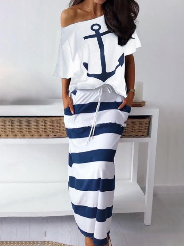 Simple Printed Tops And Long Skirt Suits