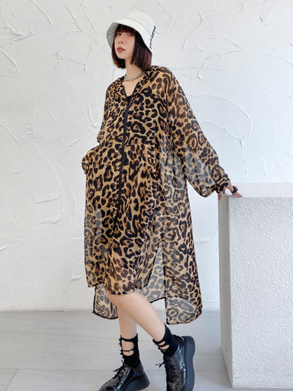 Original Leopard Zipper Split-Side Hooded Long Sleeves Sun-Protection Outerwear