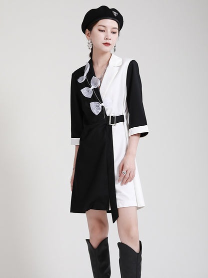 Original Stylish Split-Joint Contrast Color Bow-Embellished Tied A-Line Notched Collar Blazer Dress
