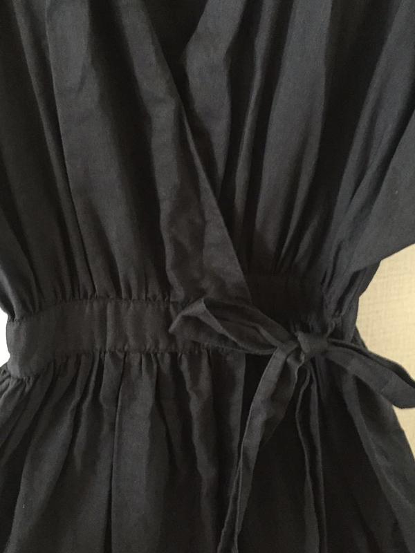 Ramie Cotton  Black Loose V-neck Batwing Sleeves Linen Dress