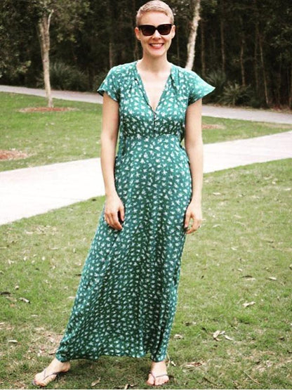Printed Bow-embellished V-neck Maxi Dress