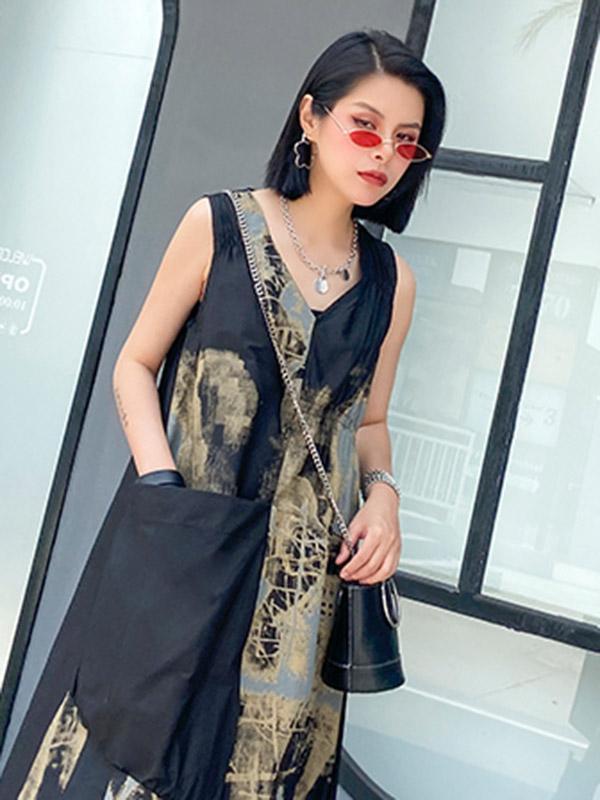 Original Prited V-Neck Sleeveless Dress