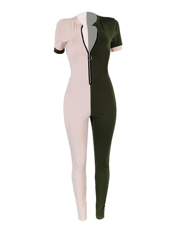 Contrast Color Loose Zipper Sports Jumpsuits