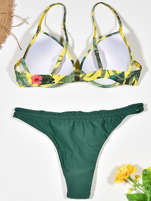 Flower Printed Top With Solid Panty Bikini Set