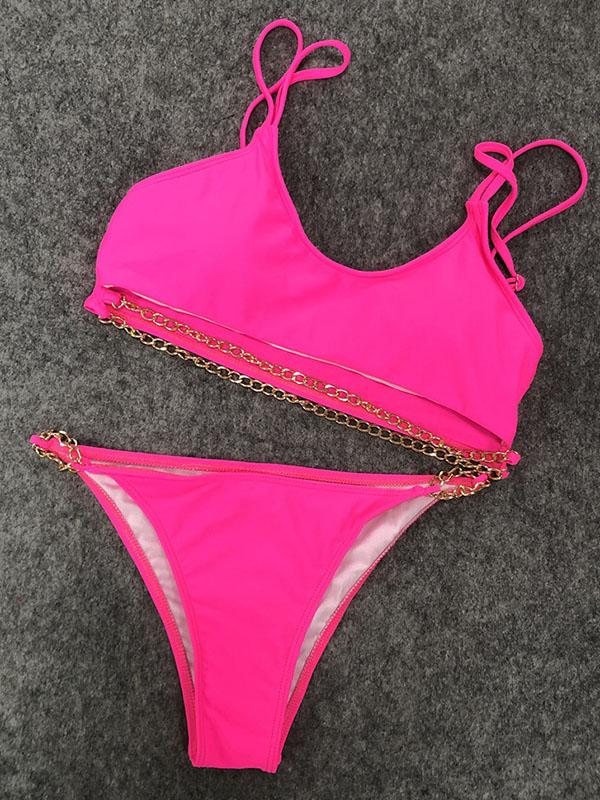 Solid Color Chain Split Bikini Swimsuit